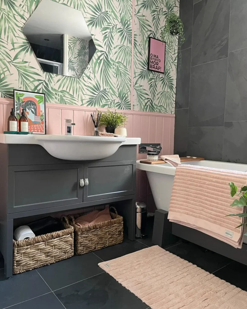 pink and botanical green bathroom