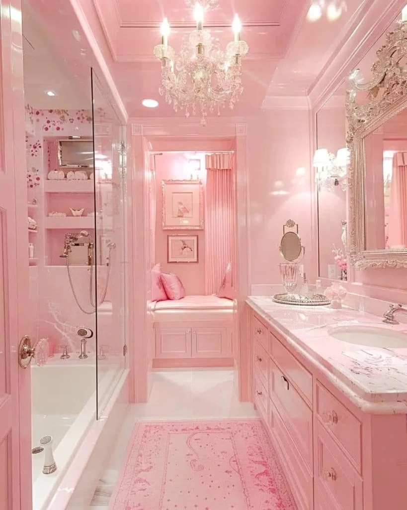 pink bathroom with crystal accents. 