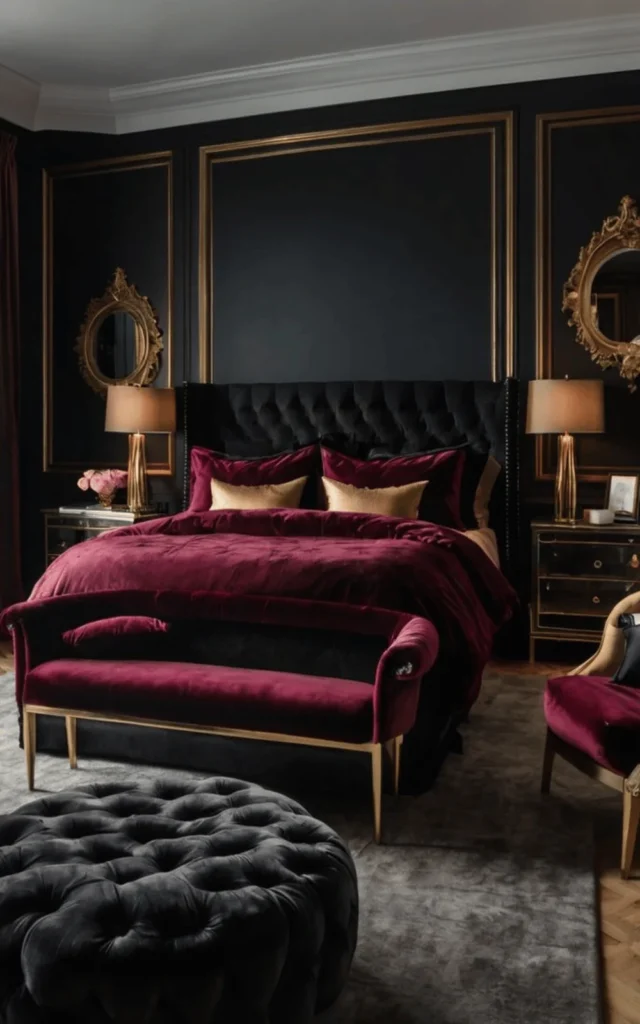 red and black bedroom with gold accents